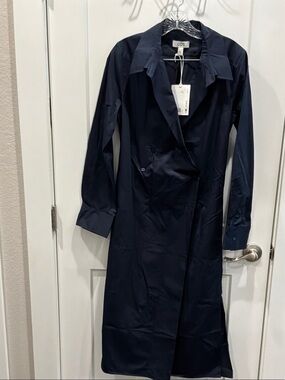 NWT COS 4 Navy Double Breasted Wrap Shirt Dress Back/Front Tie wPockets MIDI